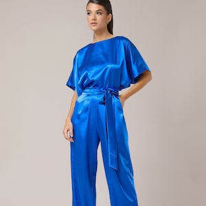 Royal blue satin jumpsuit women satin overalls wide leg wedding guest jumpsuit, elegant satin jumpsuit