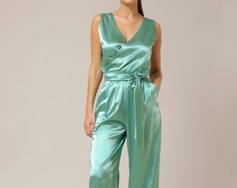 Satin jumpsuit, sage green jumpsuit, bridesmaid jumpsuit, elegant jumpsuit, sleeveless wide leg jumpsuit, formal jumpsuit women