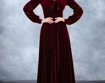 Burgundy Velvet Maxi Dress, Long Sleeve Tie Front Gown, Elegant Formal Evening Dress