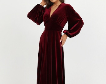 Burgundy bridesmaid dress, velvet dress, wedding dress, evening gown, a line dress, elegant dress, long sleeve dress, maxi dress