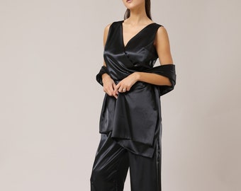 Black jumpsuit satin jumpsuit wide leg sleeveless cocktail jumpsuit bridesmaid jumpsuit low back elegant jumpsuit formal jumpsuit