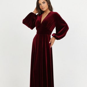 Burgundy bridesmaid dress, velvet dress, wedding dress, evening gown, a line dress, elegant dress, long sleeve dress, maxi dress image 1