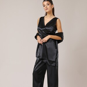 Black satin jumpsuit sleeveless, women jumpsuit wide leg, overalls backless elegant