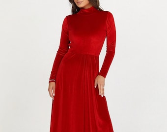 Red Velvet Dress, Evening Dress, Bridesmaid Dress, A Line Dress Wedding Guest, Long Sleeve Dress, Backless Dress, Maid Of Honor