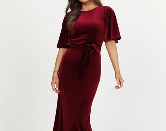 Bridesmaid Dress / Velvet Dress / Maxi Dress / Elegant Dress / Flare Sleeve Dress / Party Dress / Maid Of Honor Burgundy