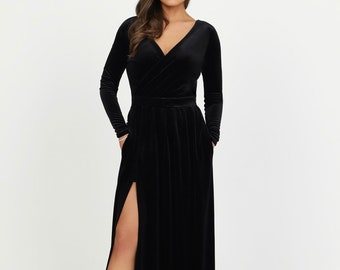 Black Velvet Long Sleeve Dress, Deep Back Maxi Gown with Slit, Velvet Bridesmaid Dress