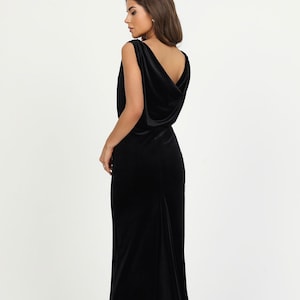 Velvet Black Maxi Dress, Sleeveless Cowl Back Gown, Elegant Formal Dress.