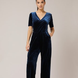 Velvet cocktail jumpsuit, wedding guest jumpsuit, bridesmaid jumpsuit teal blue