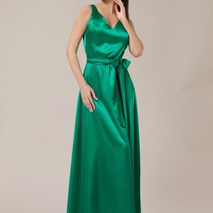 Green satin dress summer satin bridesmaid dress, backless cocktail dress, a line romantic dress sleeveless elegant dress