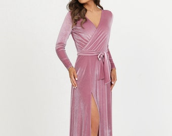 Velvet Bridesmaid Dress, Pink Dress, Slit Dress, Long Sleeve Dress, Evening Dress, Wedding Guest Dress, A Line Dress