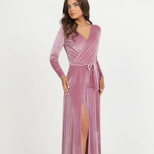 Wedding Guest Velvet Dress, Pink Bridesmaid Dress, Long Sleeve Evening Dress