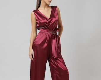 Low back jumpsuit burgundy satin jumpsuit evening jumpsuit bridesmaid jumpsuit party jumpsuit formal jumpsuit sleeveless wide leg