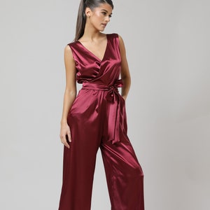 Low back jumpsuit burgundy satin jumpsuit evening jumpsuit bridesmaid jumpsuit party jumpsuit formal jumpsuit sleeveless wide leg