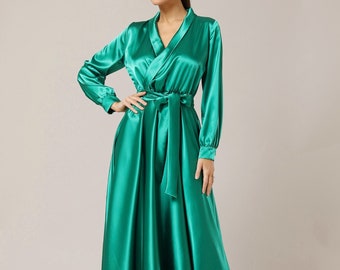 Green satin dress, bridesmaid satin dress, a line dress, silky dress, long sleeve long dress, party dress