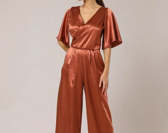 Jumpsuit, satin jumpsuit, formal jumpsuit, wedding guest jumpsuit, party wear, flare sleeve jumpsuit women