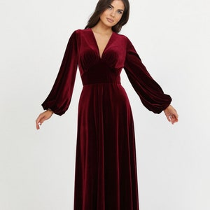 Burgundy bridesmaid dress, velvet dress, wedding dress, evening gown, a line dress, elegant dress, long sleeve dress, maxi dress image 2