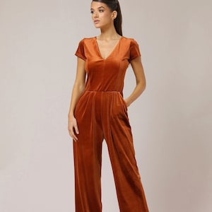 Women velvet jumpsuit, wide leg overalls velvet bridesmaid jumpsuit, party jumpsuit rusty orange