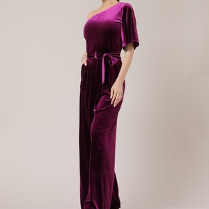 Wide leg velvet overalls one shoulder velvet jumpsuits women evening jumpsuit long legs