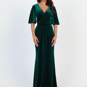 Mother of the bride dark green velvet dress, wedding guest V- neck dress, flare sleeve velvet dress