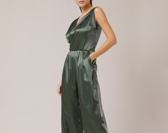 Satin jumpsuit cocktail jumpsuit elegant jumpsuit wide leg sleeveless formal jumpsuit wedding guest jumpsuit party wear bridesmaid jumpsuit