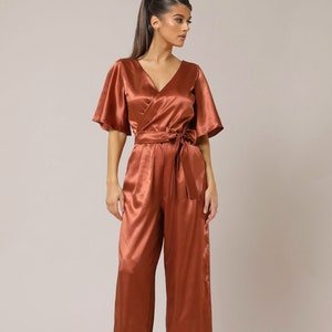 Copper satin jumpsuit wide leg satin overalls women party jumpsuit