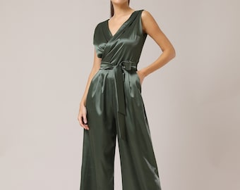 Satin-Jumpsuit, eleganter Overall, ärmelloser formeller Overall, Hochzeitsgast-Jumpsuit, Brautjungfer, Satin-Jumpsuit