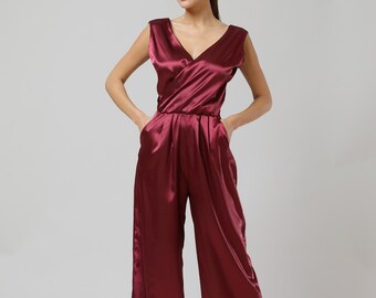 Jumpsuit, Burgunder-Jumpsuit, Satin-Jumpsuit, Abend-Jumpsuit, Brautjungfer-Jumpsuit, formeller Overall, ärmelloses weites Bein