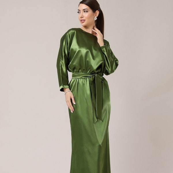 Olive green dress, satin dress, bridesmaid dress, midi dress party dress summer dress woman maid of honor