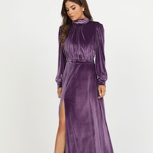 Women Velvet Long Sleeve Slit Dress Velvet Bridesmaid Dress Elegant Backless Dress