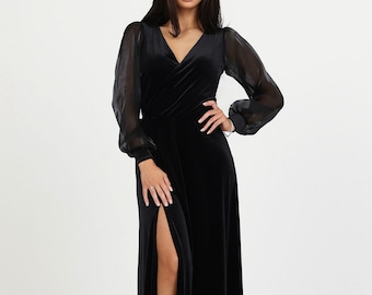 Robe de mariée noire, robe en velours, robe de soirée, robe fendue, robe d'invité de mariage, robe à manches longues, tenue de mariée, robe longue