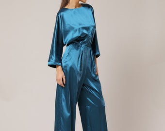 Jumpsuit, blue teal satin jumpsuit, bridesmaid jumpsuit, elegant jumpsuit, wedding guest jumpsuit