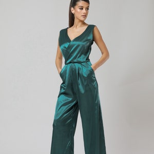 Dark green satin jumpsuit women wide leg satin jumpsuit, formal bridesmaid jumpsuit party