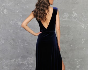 Navy blue dress, bridesmaid dress, velvet dress, maxi dress, gown for wedding, a line dress, sleeveless slit dress, maid of honor