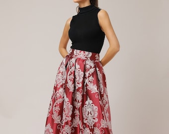 Burgundy Jacquard Skirt, Formal Skirt, High Waist Skirt, Evening Skirt, Skirt With Pleats, Midi Skirt, Maid Of Honor