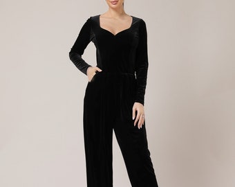 Velvet sweetheart wide leg jumpsuit wedding guest ceremony jumpsuit black formal jumpsuit bridal jumpsuit