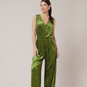 Velvet jumpsuit women wide leg party jumpsuit sleeveless evening jumpsuit olive green
