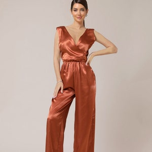Satin jumpsuit wide leg, wedding guest overalls, satin bridesmaid jumpsuit copper