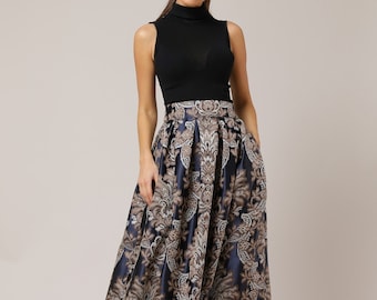 Navy Blue Jacquard Skirt, Formal Skirt, Long Skirt, High Waist Skirt, Ball Skirt, Evening Skirt, Skirt With Pockets, Pleats