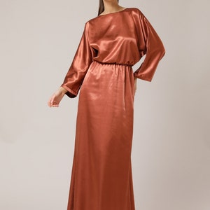 Satin dolman sleeve formal dress, elegant cocktail dress, bridesmaid maxi copper dress