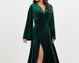 Dark green dress, bridesmaid velvet dress, wedding guest dress, evening gown, a line dress, elegant dress, long sleeve dress, maxi dress