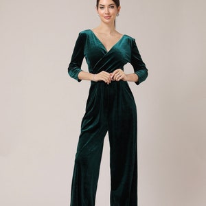 Dark green velvet jumpsuit women formal jumpsuit, bridesmaid velvet jumpsuit, wide leg jumpsuit