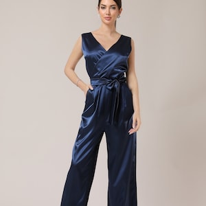 Women satin jumpsuit, wide leg satin overalls, bridesmaid navy blue jumpsuit, summer party jumpsuit