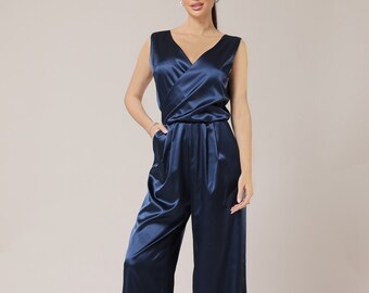 roughlow/otona satin wide salopette/navy roughlow otona satin wide