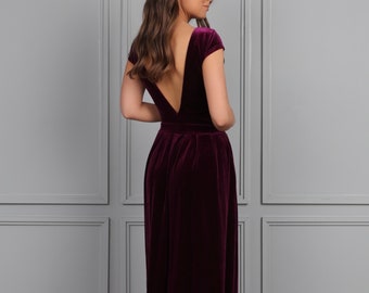 Woman maxi dress bridesmaid velvet dress wedding guest, purple backless dress with pleats maid of honor