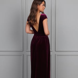Wedding guest backless velvet dress with pockets, purple maid of honor elegant dress