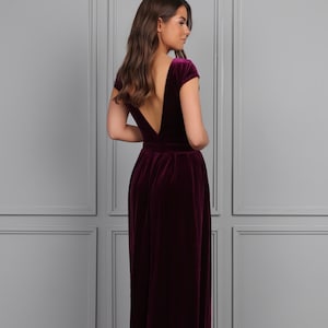 Purple Velvet Formal Dress, Low Back Elegant Women&#39;s Dress, Velvet Bridesmaid Dress With Pleats Pockets
