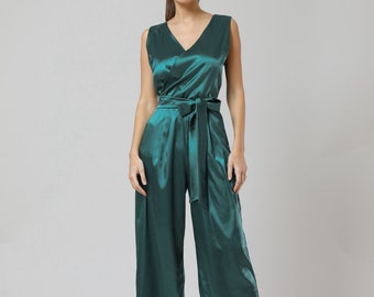 Dark green jumpsuit, satin jumpsuit, party jumpsuit, sleeveless, formal jumpsuit, bridesmaid jumpsuit, elegant jumpsuit