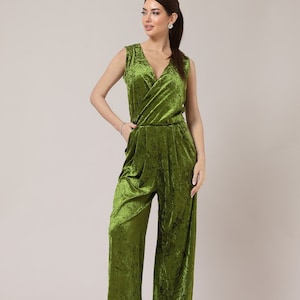 Sleeveless velvet jumpsuit women wide leg overalls olive green jumpsuit velvet bridesmaid jumpsuit
