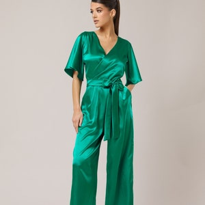 Macacão de cetim verde, macacão feminino de pernas largas, macacão de festa sem costas, macacão de verão de cetim