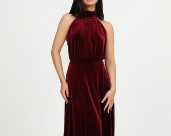 Bridesmaid velvet dress, burgundy dress, occasion dress, evening gown, a line dress, elegant dress, low back dress, maxi dress